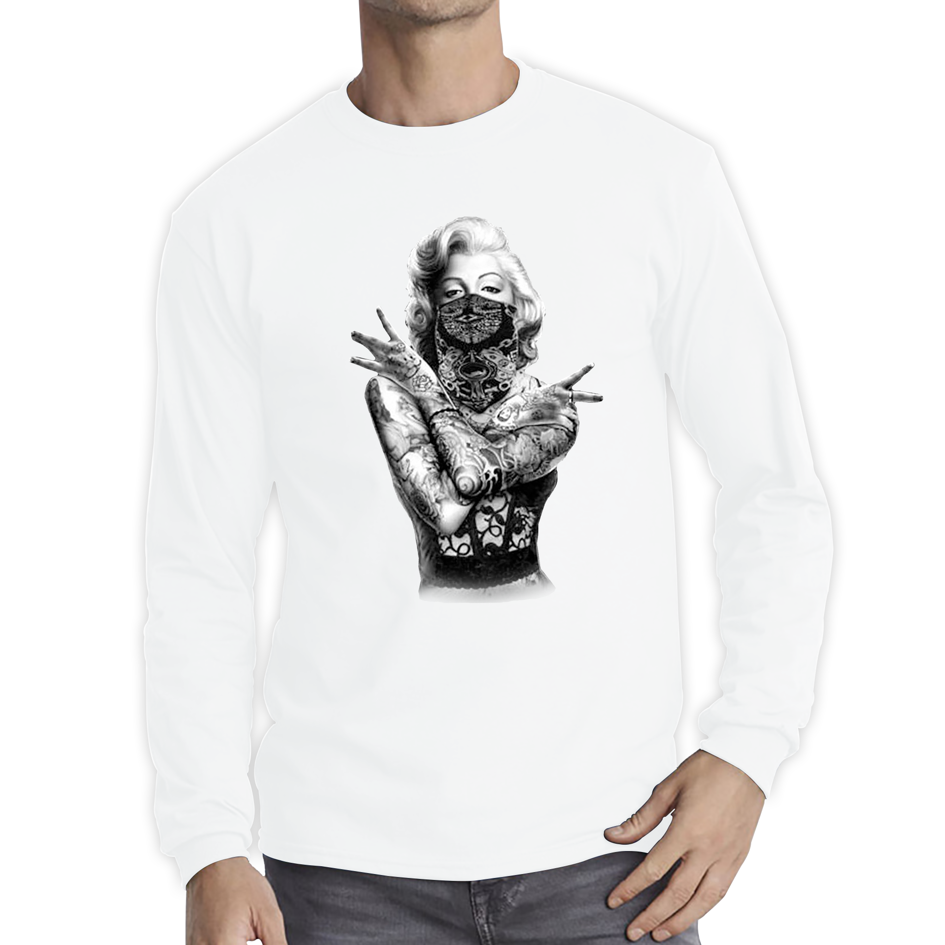 Marilyn Monroe Pop Art Tattoo Gangster Adult Long Sleeve T Shirt