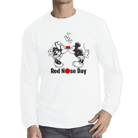 Disney Mickey And Minnie Mouse Red Nose Day Adult Long Sleeve T Shirt. 50% Goes To Charity