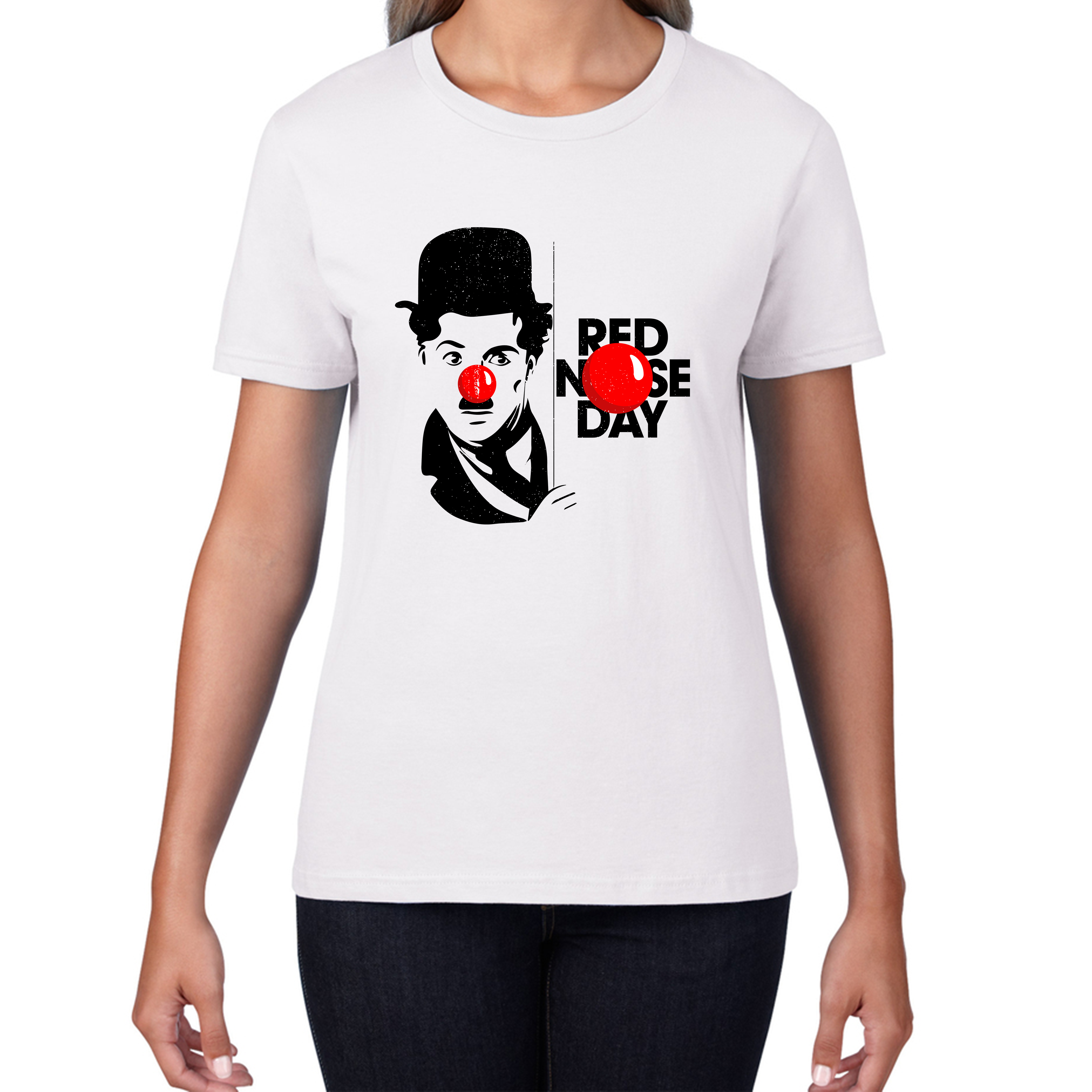 Charlie Chaplin Funny Red Nose Day Ladies T Shirt. 50% Goes To Charity