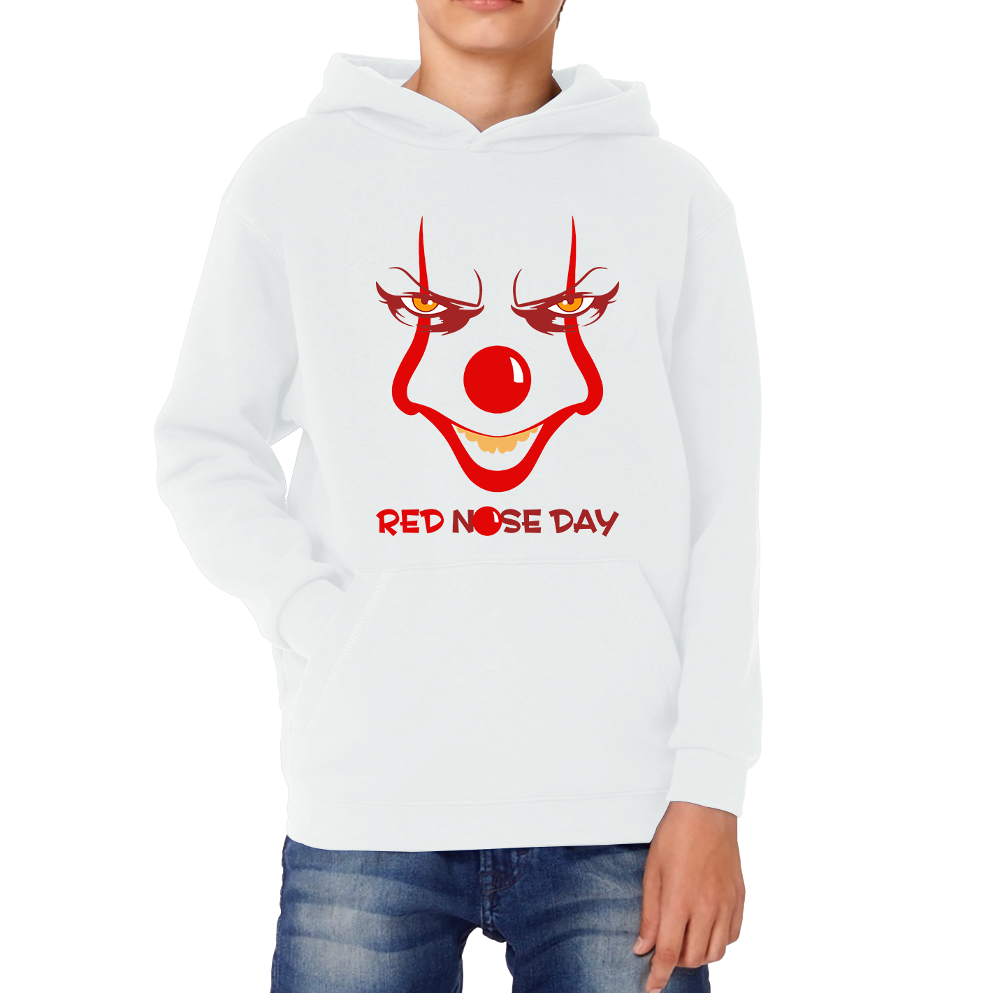 Pennywise Clown Face Red Nose Day Funny Comic Relief Kids Hoodie. 50% Goes To Charity