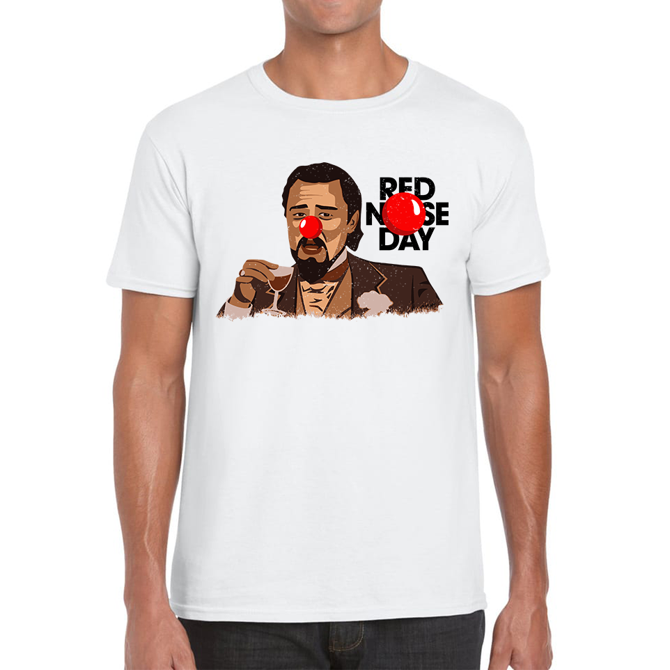 Leonardo Dicaprio Laughing Meme Red Nose Day Adult T Shirt. 50% Goes To Charity