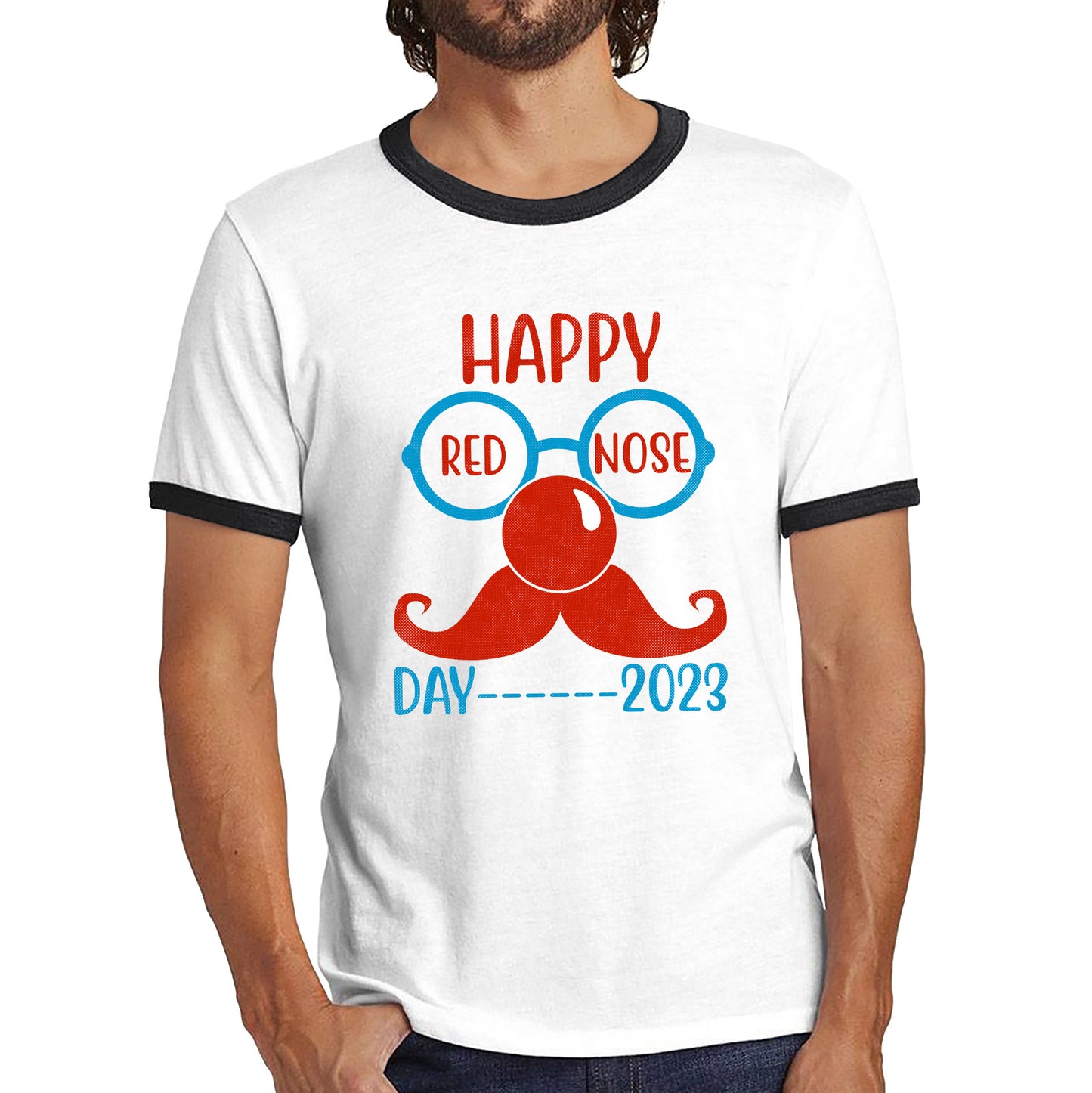 Happy Red Nose Day 2023 Glasses Moustache Child Poverty Awareness Party Wear Ringer T Shirt