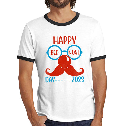 Happy Red Nose Day 2023 Glasses Moustache Child Poverty Awareness Party Wear Ringer T Shirt