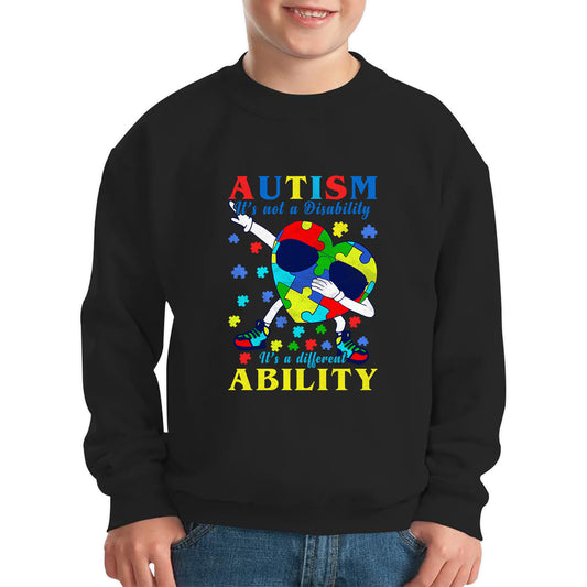 Autism It's Not A Disability Dabbing Autism Heart With Glasses Autism Awareness Puzzle Piece Dab Dance Kids Jumper