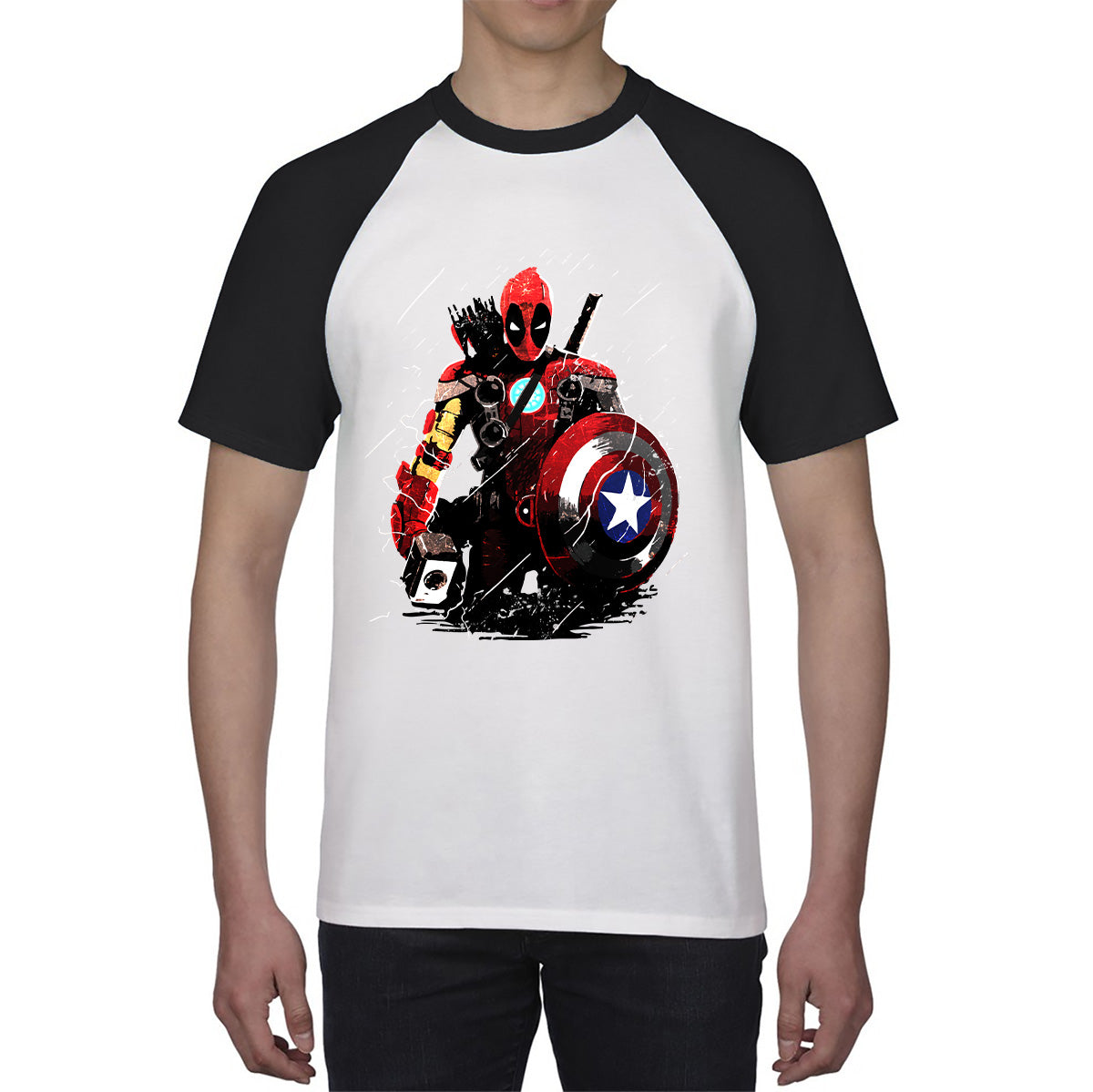 Deadpool With All Marvel Superhero Weapons Captain America, Spired-man, Iron Man, Deadpool, Thor, And Hawkeye Baseball T Shirt