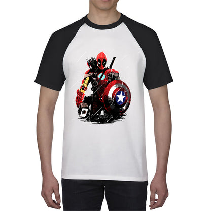 Deadpool With All Marvel Superhero Weapons Captain America, Spired-man, Iron Man, Deadpool, Thor, And Hawkeye Baseball T Shirt