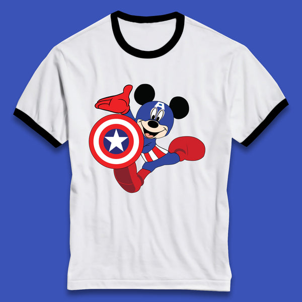Mickey Mouse Wearing Captain America Costume Disney Marvel Avengers Superhero Disney World Marvel Disney Avengers Campus Ringer T Shirt
