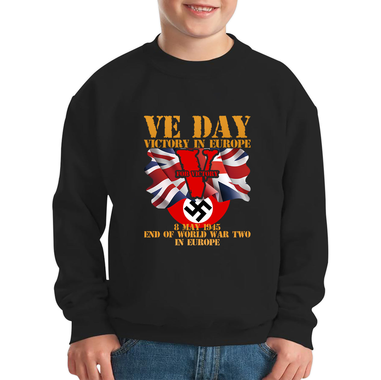 VE Day Victory In Europe End Of World War II Victory Day Armed Forces Veterans 8 May 78th Anniversary Kids Jumper