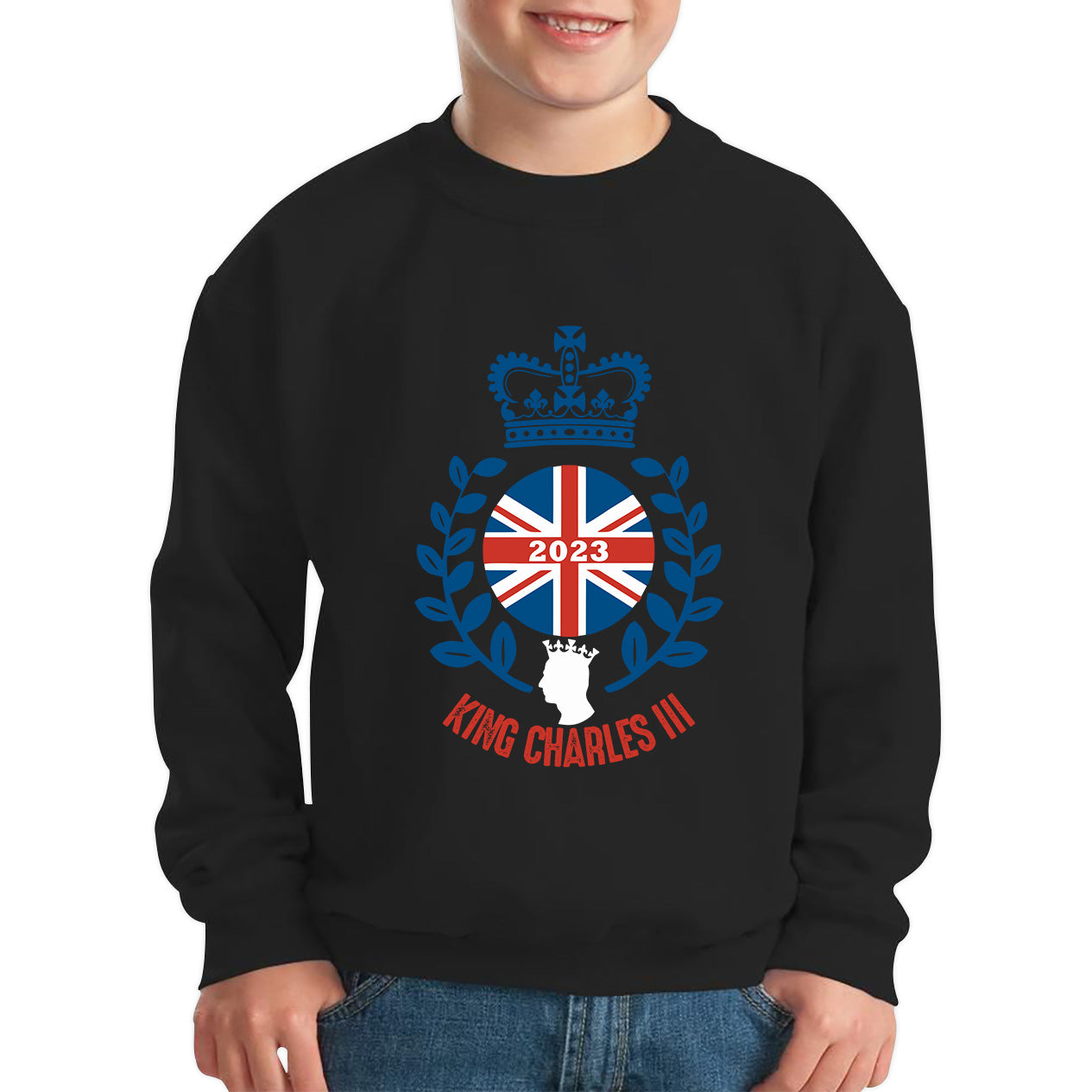 King Charles III Coronation 2023 British United Kingdom Uk Flag CR III Royal Crown His Majesty Union Jack Great Britain Kids Jumper