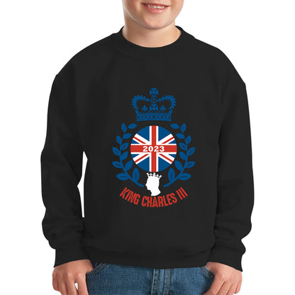 King Charles III Coronation 2023 British United Kingdom Uk Flag CR III Royal Crown His Majesty Union Jack Great Britain Kids Jumper
