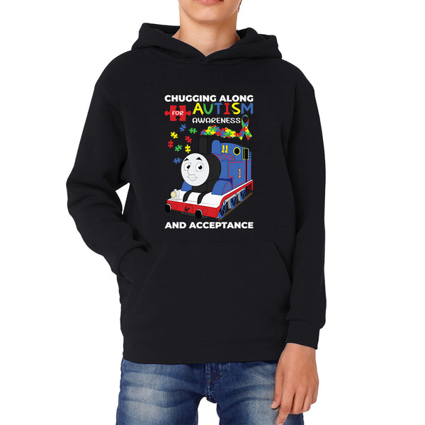 Chugging Along For Autism Awareness And Acceptance Autism Train Puzzle Piece Autism Support Kids Hoodie