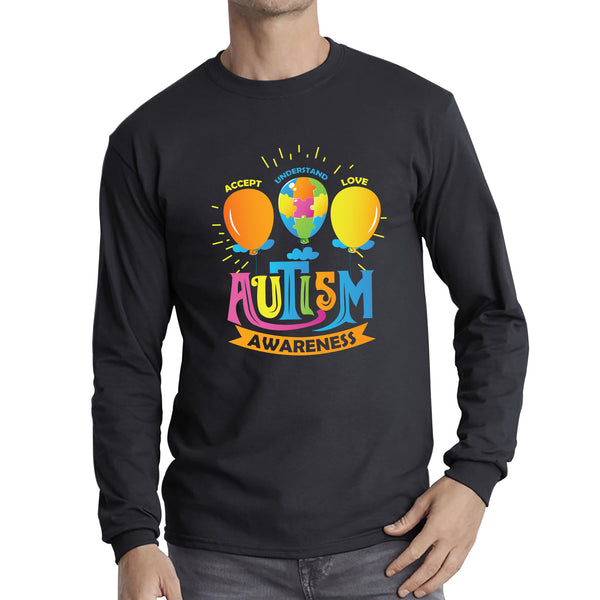 Accept Understand Love Autism Awareness Balloon With Puzzles Jigsaw Autism Support Long Sleeve T Shirt
