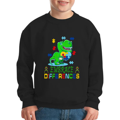 Embrace Differences T-Rex Dinosaur Puzzle Autism Awareness Dino Disability Autism Support Kids Jumper