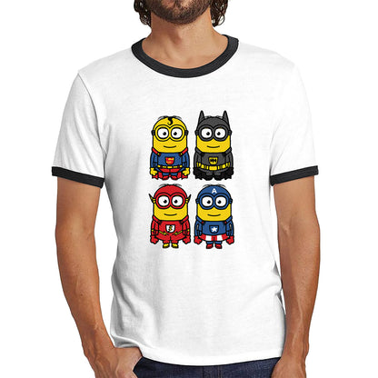 The 4 Minions Heros Super Minions Captain America Batman Superman Riddler The Flash Dc Minions Parody Pop Art Ringer T Shirt