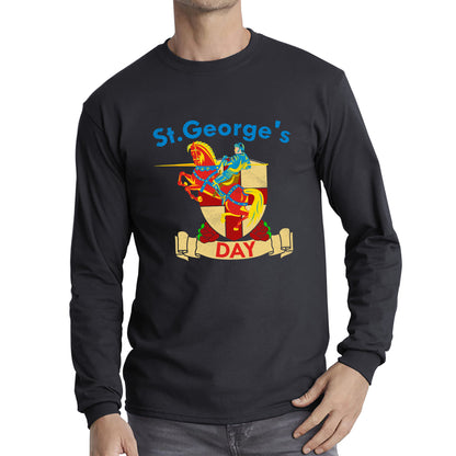 St George's Day England Red Flag Shield Knight Templar Riding His Rearing Horse London Saint George Day Warrior Fighter Patriotic Long Sleeve T Shirt