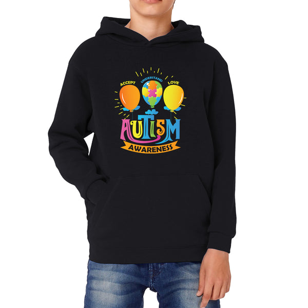 Accept Understand Love Autism Awareness Balloon With Puzzles Jigsaw Autism Support Kids Hoodie