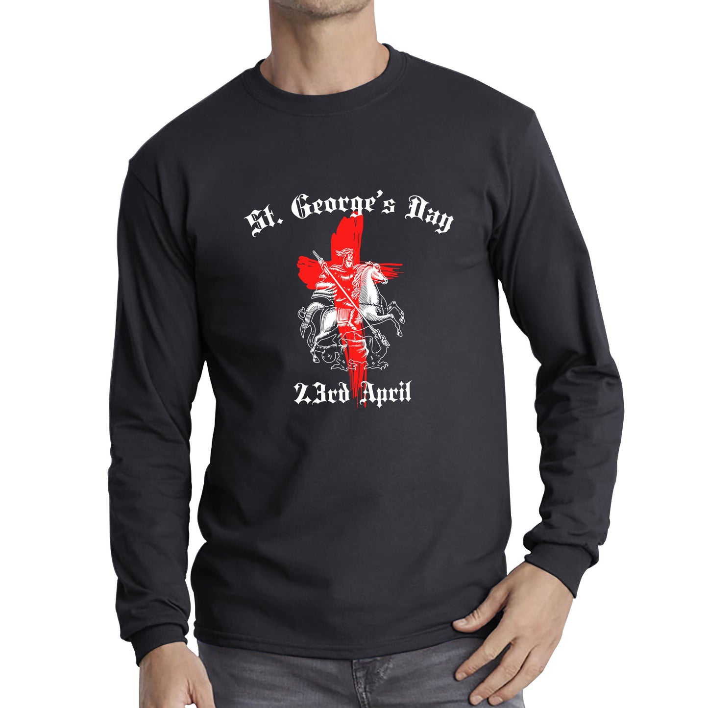 St George's Day 2023 England Flag Cross Knights Templar & Horse London Saint George Day Warrior Fighter Patriotic Long Sleeve T Shirt