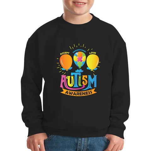 Accept Understand Love Autism Awareness Balloon With Puzzles Jigsaw Autism Support Kids Jumper