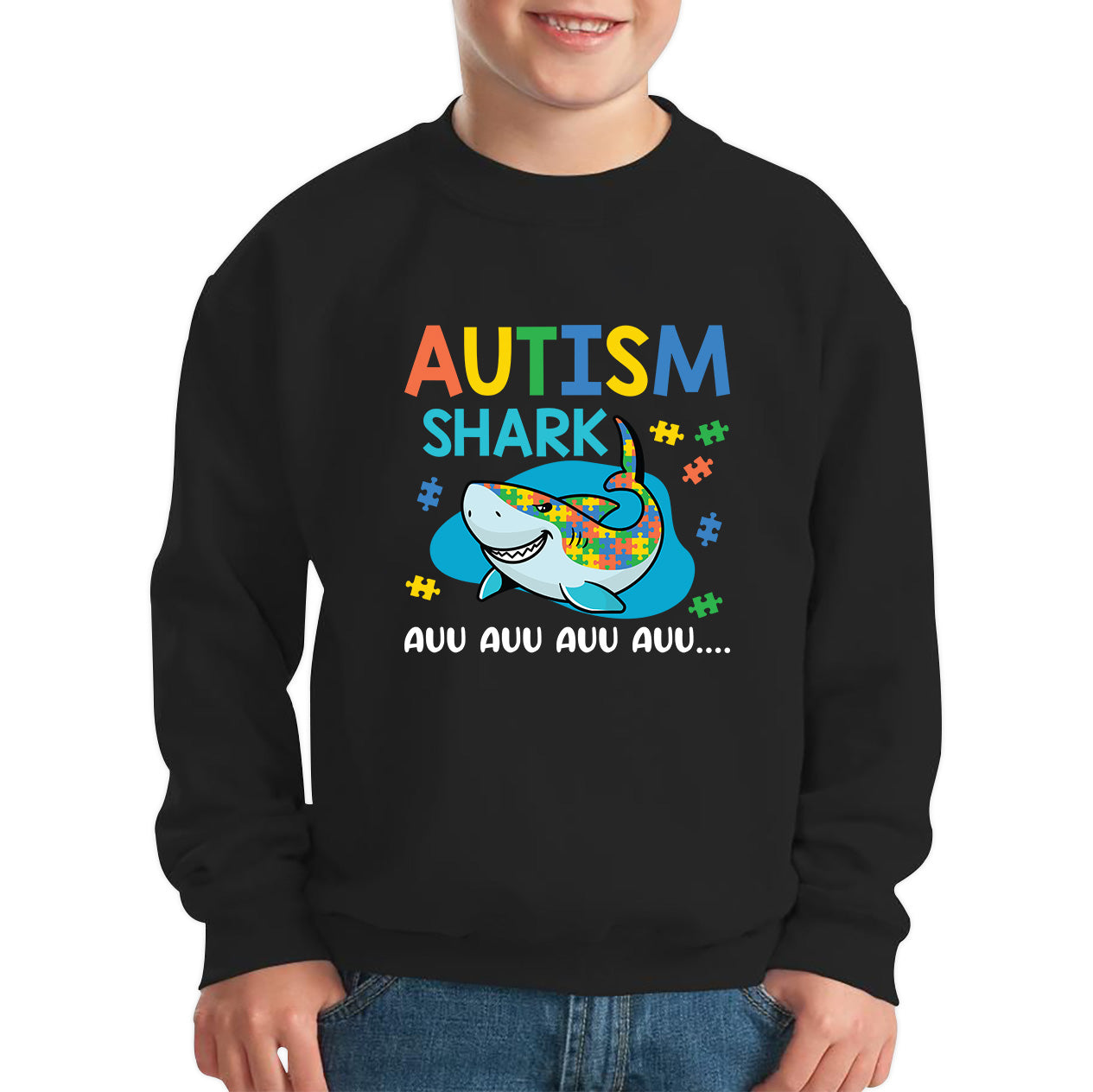 Autism Shark Auu Auu Auu Autism Awareness Month Autistic Support Puzzle Piece Kids Jumper