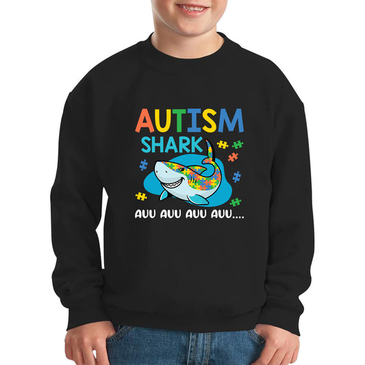 Autism Shark Auu Auu Auu Autism Awareness Month Autistic Support Puzzle Piece Kids Jumper