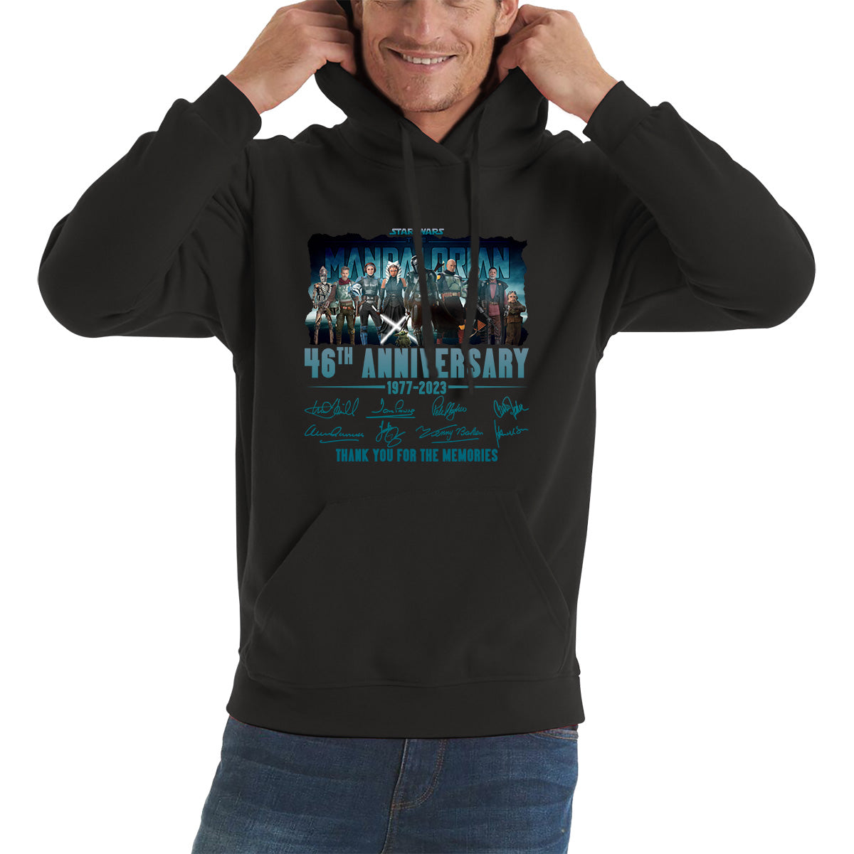 Disney Star Wars Day 46th Anniversary 1977-2023 The Mandalorian Characters Signatures Thank You For The Memories Unisex Hoodie