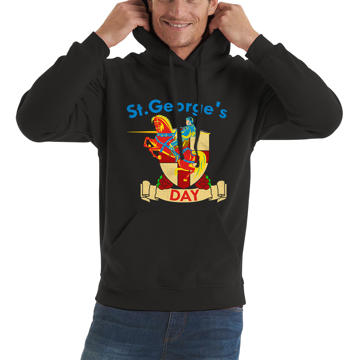St George's Day England Red Flag Shield Knight Templar Riding His Rearing Horse London Saint George Day Warrior Fighter Patriotic Unisex Hoodie