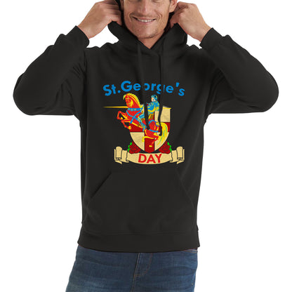 St George's Day England Red Flag Shield Knight Templar Riding His Rearing Horse London Saint George Day Warrior Fighter Patriotic Unisex Hoodie