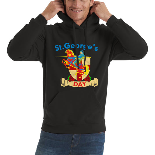 St George's Day England Red Flag Shield Knight Templar Riding His Rearing Horse London Saint George Day Warrior Fighter Patriotic Unisex Hoodie