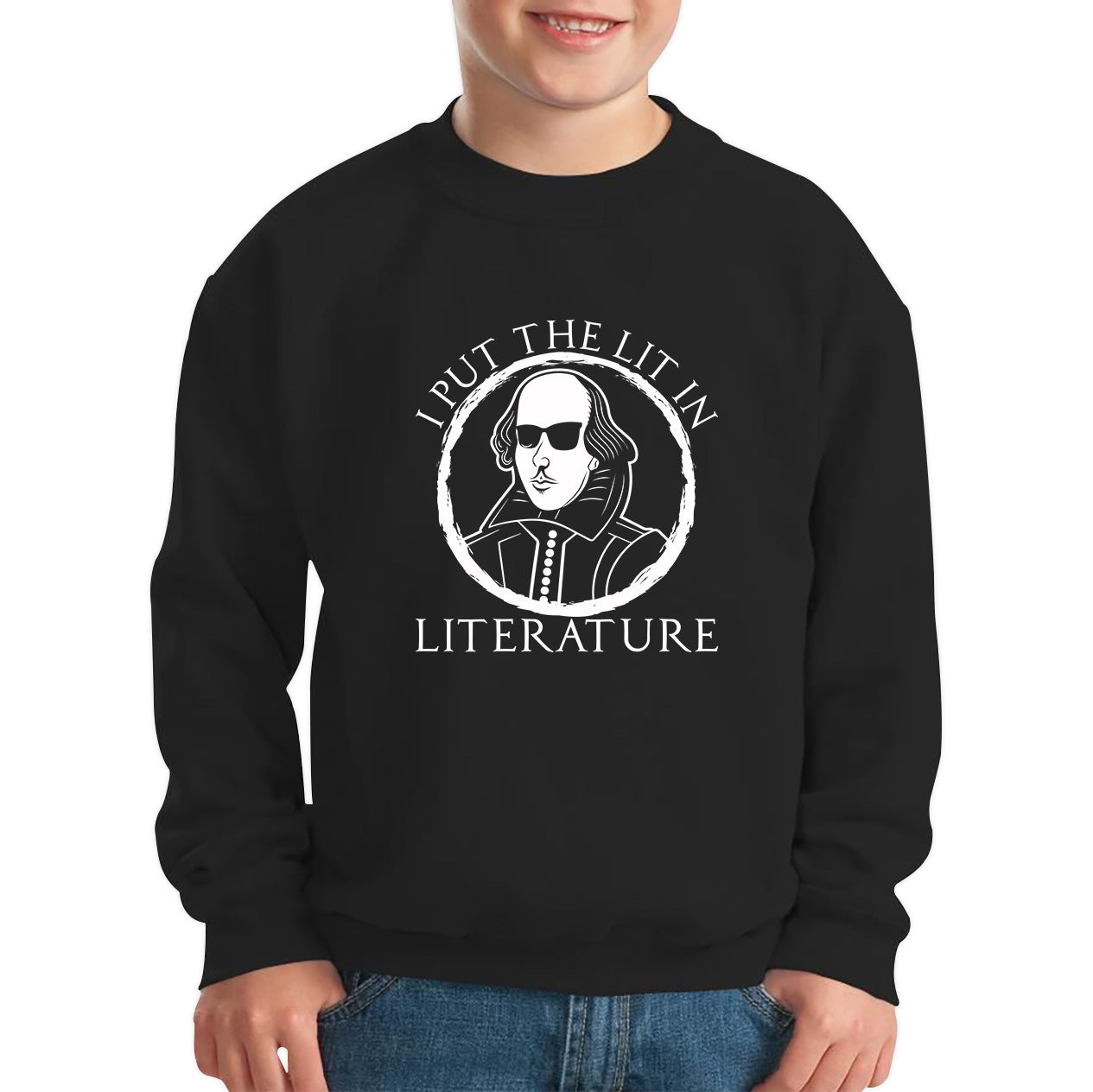William Shakespeare Pun I Put The Lit In Literature Funny Reading English Teacher National Shakespeare Day Kids Jumper