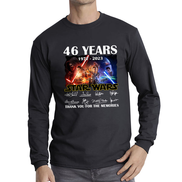 Disney Star Wars Day 46th Anniversary 1977-2023 The Force Awakens Characters Signatures Thank You For The Memories Long Sleeve T Shirt