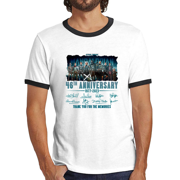 Disney Star Wars Day 46th Anniversary 1977-2023 The Mandalorian Characters Signatures Thank You For The Memories Ringer T Shirt