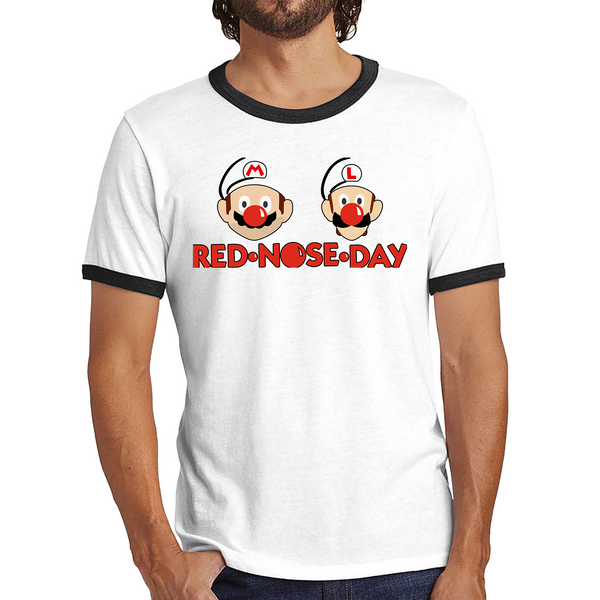 Super Mario Bros Red Nose Day Ringer T Shirt. 50% Goes To Charity