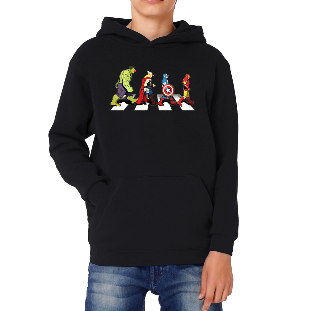 Hulk Thor Captain America Iron Man Marvel Avengers Abbey Road Red Nose Day Kids Hoodie. 50% Goes To Charity