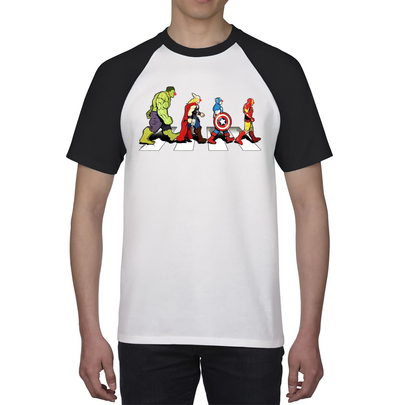 Hulk Thor Captain America Iron Man Marvel Avengers Abbey Road Red Nose Day Baseball T Shirt. 50% Goes To Charity