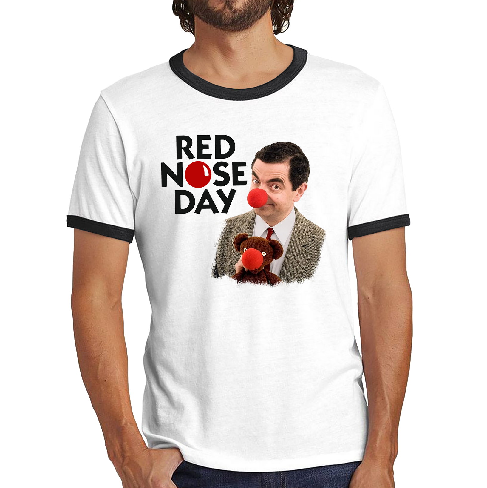 Red Nose Day Funny Mr Bean Ringer T Shirt. 50% Goes To Charity