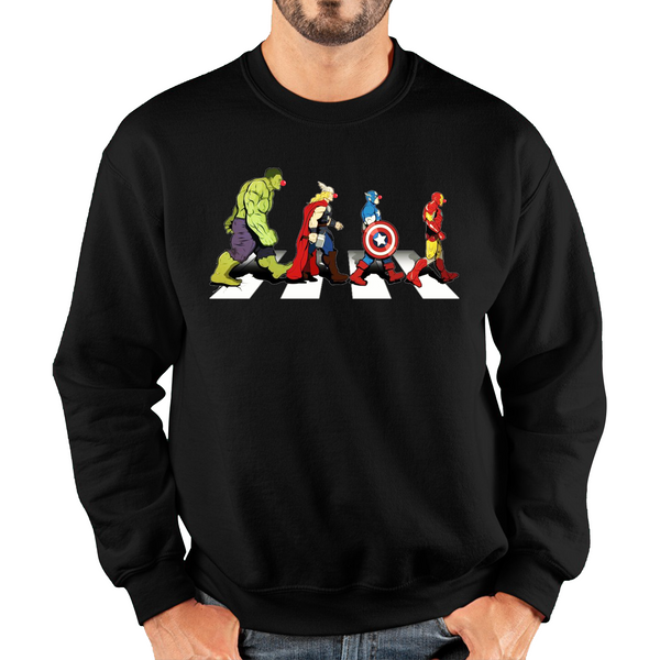 Hulk Thor Captain America Iron Man Marvel Avengers Abbey Road Red Nose Day Adult Sweatshirt. 50% Goes To Charity