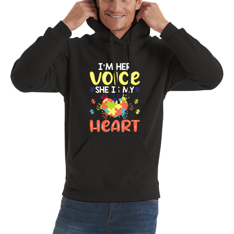 I'm Her Voice She Is My Heart Autism Awareness Month Autism Mama Puzzle Pieces Acceptance Day Unisex Hoodie