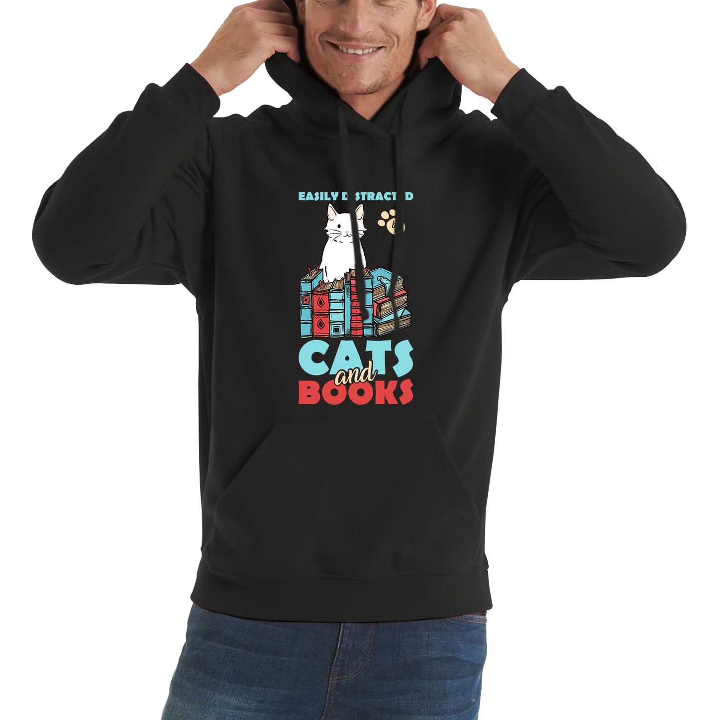 Easily Distracted By Cats And Books Funny Cat Book Reading Quote Unisex Hoodie