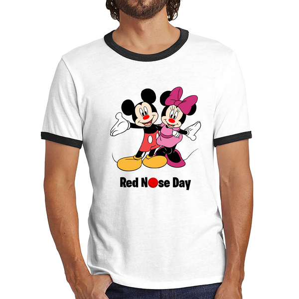 Mickey And Minnie Mouse Red Nose Day Ringer T Shirt. 50% Goes To Charity
