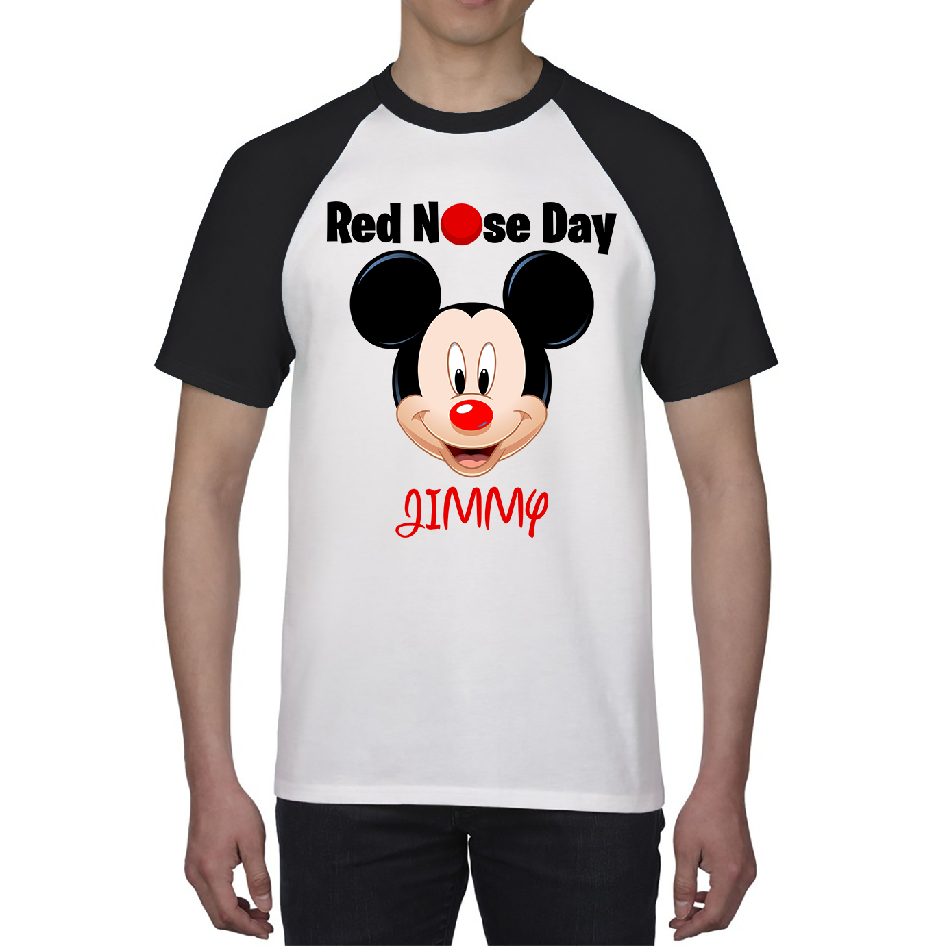Personalised Mickey Mouse ( Name ) Red Nose Day Baseball T Shirt. 50% Goes To Charity