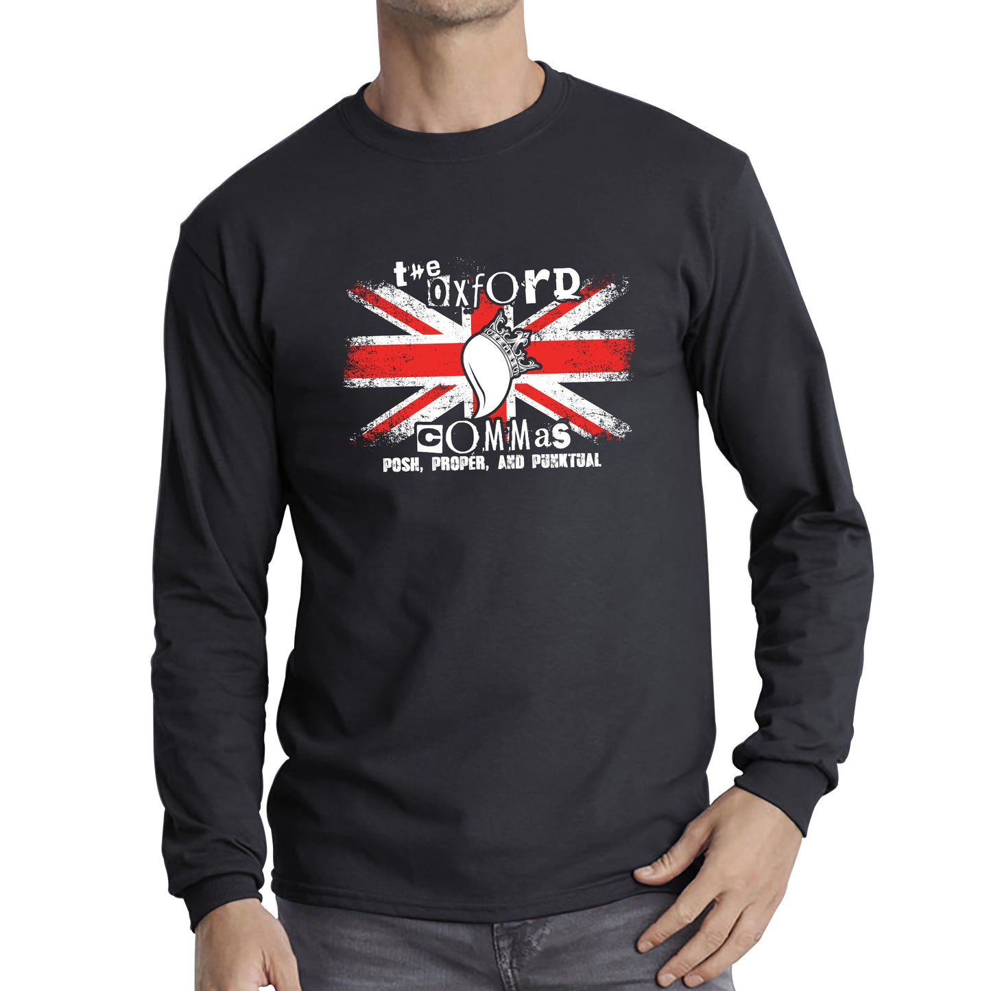 The Oxford Commas Push, Proper and Punktual Funny Grammar UK Flag Long Sleeve T Shirt