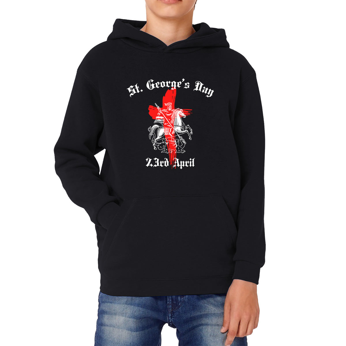 St George's Day 2023 England Flag Cross Knights Templar & Horse London Saint George Day Warrior Fighter Patriotic Kids Hoodie