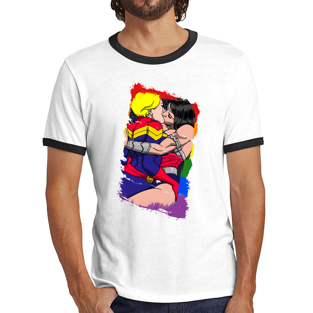 Wonder Women x Captain Marvel Kissing LGBT Pride Valentine Ringer T Shirt