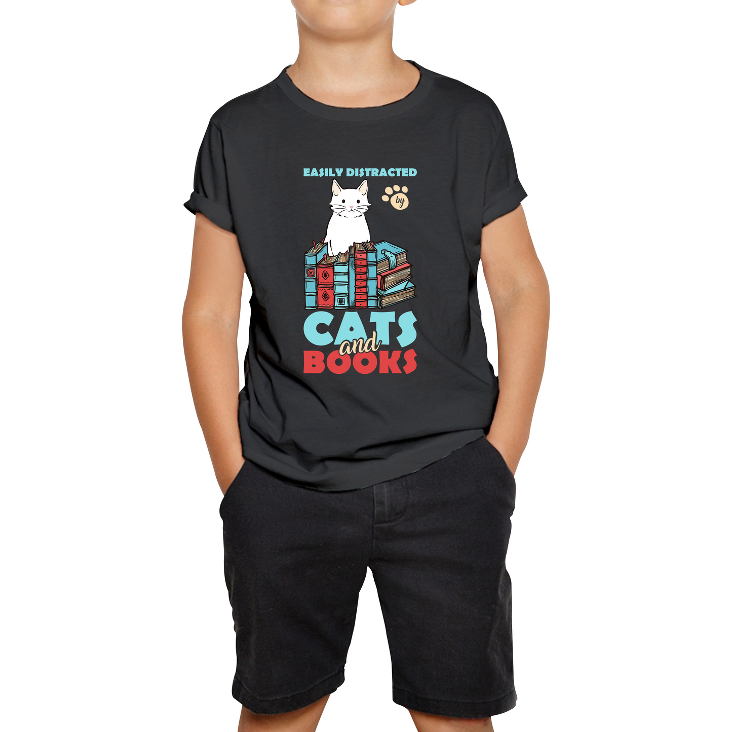 Easily Distracted By Cats And Books Funny Cat Book Reading Quote Kids Tee