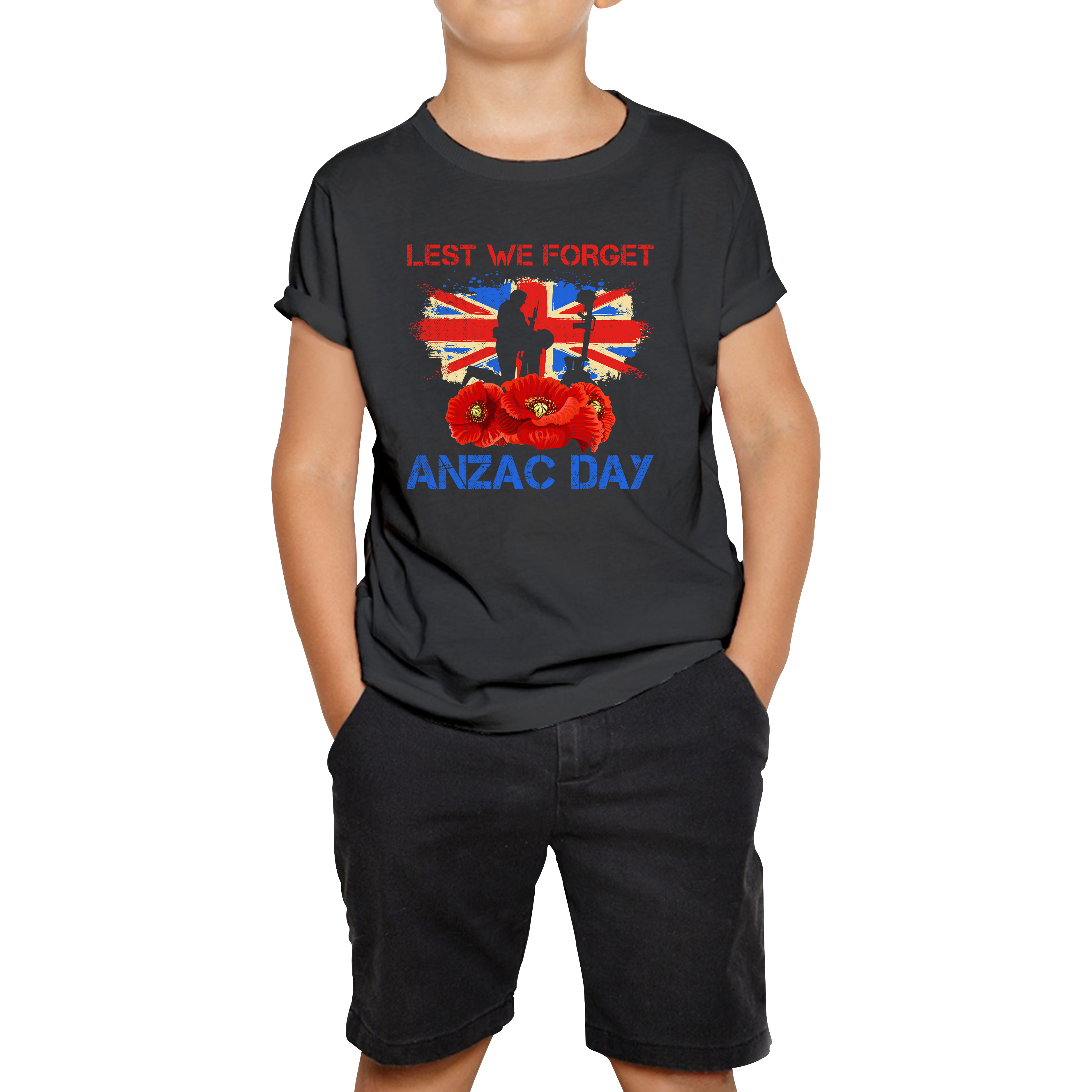 Poppy Lest We Forget Anzac Day Remembrance Day Kneeling Soldier World War I Kids Tee