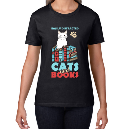 Easily Distracted By Cats And Books Funny Cat Book Reading Quote Womens Tee Top