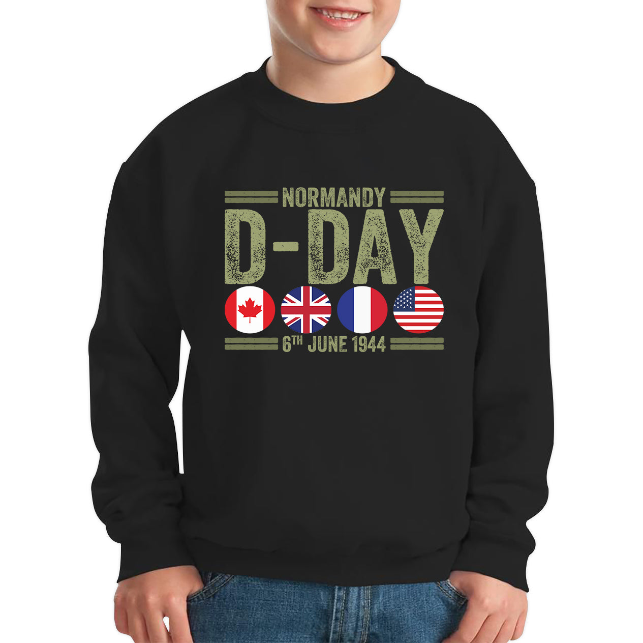 Normandy D-Day 6th June 1944 Normandy Landings World War II British Canadian Airborne Military Seaborne Invasion UK Army Veteran Patriotic Kids Jumper