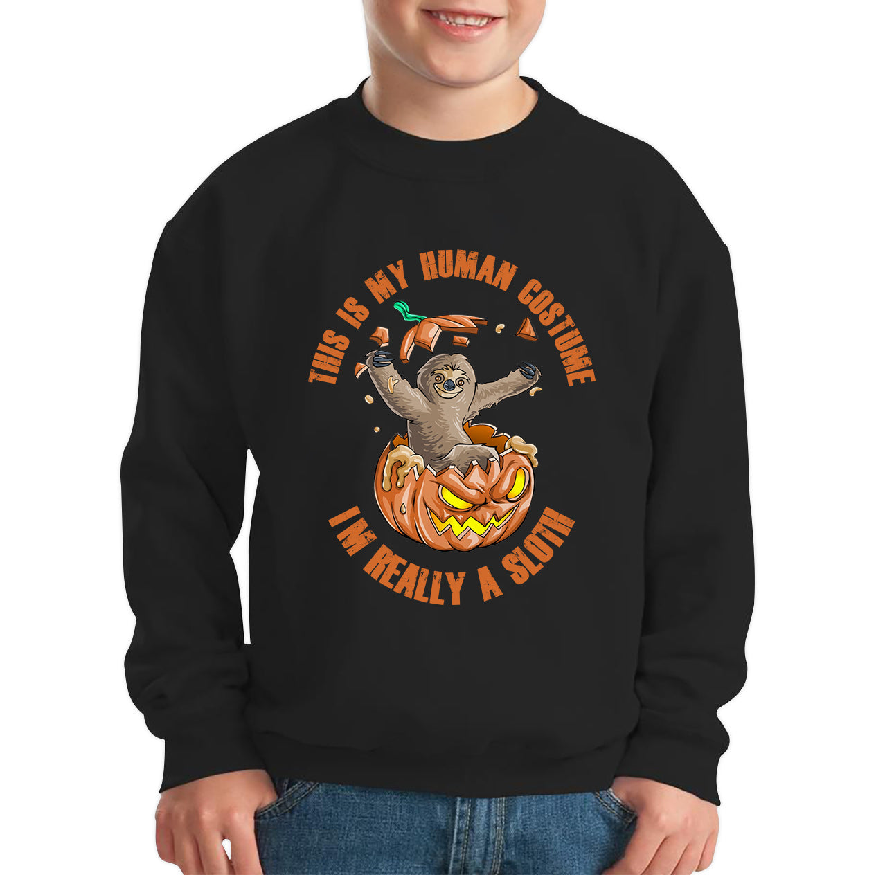 This Is My Human Costume I'm Really A Sloth Halloween Pumpkin Horror And Scary Pumpkin Face Kids Jumper