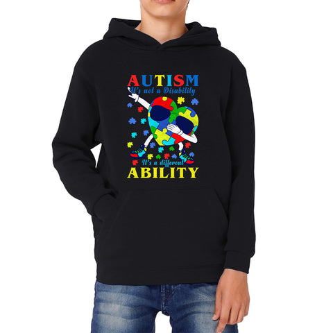 Autism It's Not A Disability Dabbing Autism Heart With Glasses Autism Awareness Puzzle Piece Dab Dance Kids Hoodie