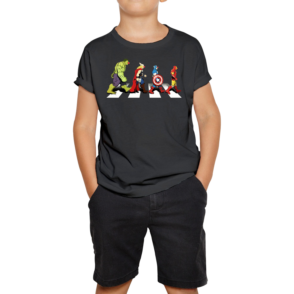 Hulk Thor Captain America Iron Man Marvel Avengers Abbey Road Red Nose Day Kids T Shirt. 50% Goes To Charity